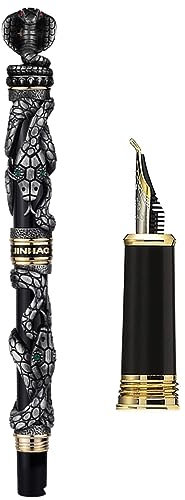 JinHao Black Snake Fountain Pen Bent Nib with Converters for Writing,Retro Cobra Pattern Calligraphy Fude Pens