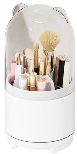 Yatinkim Makeup Brush Holder Organizer with Lid Rotating Cosmetic Storage Container 5 Slots Multi-functional Pencil Cup Pot for Vanity Decor Desktop White