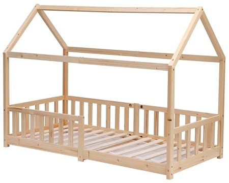Kingwudo® White and Natural Pine Wood Bed Frame Kids Bed Scandinavian House Style for Girls or Boys Standard Single Bed Frame for Bedroom Furniture, Mattress (WITHOUT) 90x190 cm (Natural)