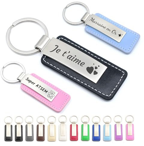 Porte-clés personnalisé en cuir et métal - Idée cadeau homme femme ou couple, cadeau personnalisé porte clé marraine parrain, cadeau père, mère (Noir - Avec personnalisation)