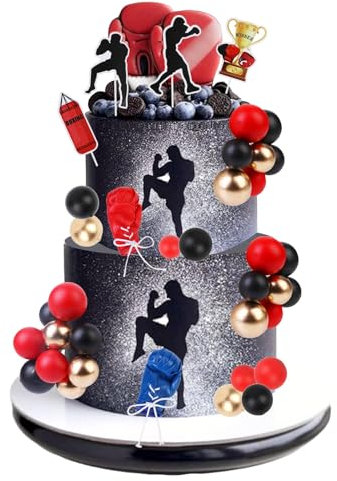 Cheereveal Boxing Theme Cake Decorations - Red Black Sports Theme Cake Cupcake Toppers, Boxing Theme Birthday Party Baby Shower Photo Props
