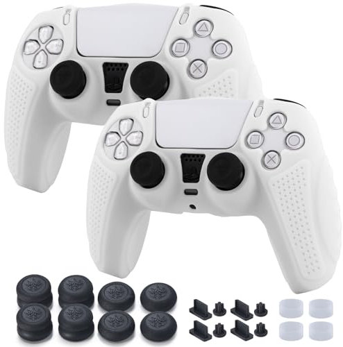 YoRHa Grips - Funda protectora para mando de PS5, 2 unidades, color blanco pálido con empuñaduras para el pulgar, 8 enchufes, 4 protectores analógicos