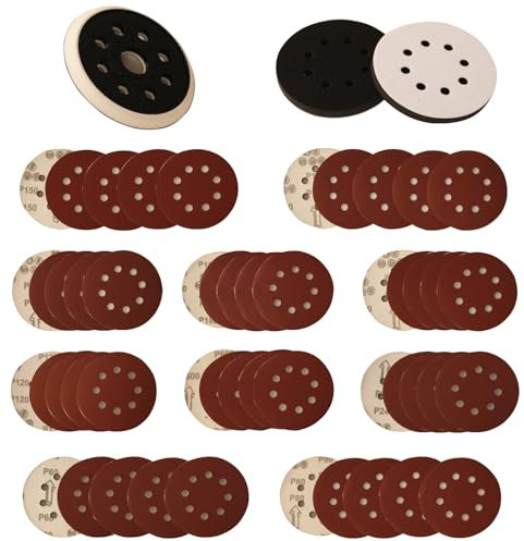 53PCS Sanding Discs Set, 50PCS 5 Inch 8 Hole Hook and Loop Adhesive Sanding Discs Sandpaper and 1 Pack Replacement Pad for Random Orbital Sander 60 80 100 120 150 180 240 320 400 600Grits