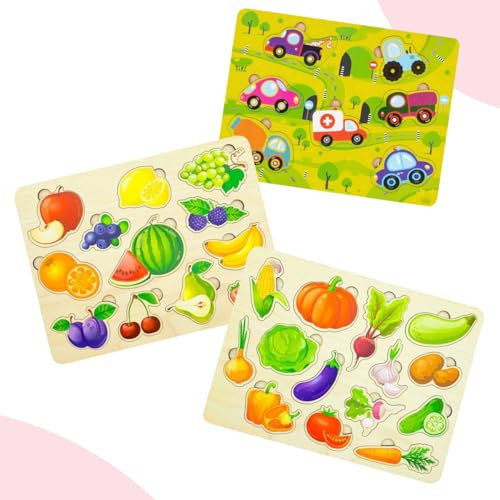 Steckpuzzle Holz ab 1 Jahr Set Fahrzeuge/Früchte/Gemüse - Holz Puzzle ab 2 3 4 Jahre Holzspielzeug Holzpuzzle Geschenk für Kinder, Mädchen und Jungen (Set 3in1)
