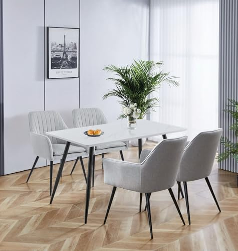 Hallowood Furniture Cullompton 4 Seater Dining Table and Chairs, 120x70cm | White Kitchen Table and Armchairs Set 4 in Upholstered Steel Grey Fabric and Black Metal Legs, Small Space Dining Room Sets