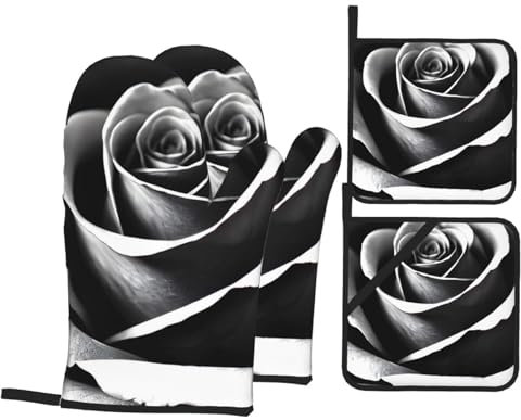 YYHHAOFA Ensemble de 4 pièces de cuisson de cuisine avec imprimé rose noire et blanche – Manique isolante et manique épaisse et durable