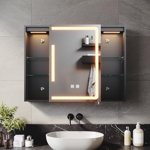 ELEGANT 800x600mm LED Bathroom Mirror Cabinet with Shaver Socket Black Mirrored Cabinet with Three-Color Infinitely Dimmable Wall Mounted Mirror Cabinet with Demister 2 Open Storage Adjustable Shelf