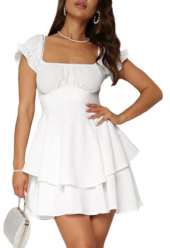 Yoisdtxc Women's Cocktail Dresses Puff Short Sleeve Skater Dress Square Neck Waist Tie Chiffon Ruffle Mini Swing Dresses (A-White, XL)