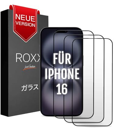 ROXX NEO Japanisches 9H 3D Schutzglas (3 Stück) | Verdeckt nicht das Display | Für iPhone 16 | Abgerundete Kanten | Härter | Klarer | Kratzresistenter | Bruchsicherer | Für Panzerglas