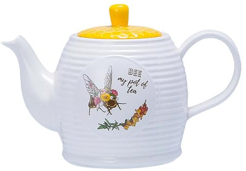 Mageeki Ceramic Teapot with Bee Design - 1000 ml White Porcelain Tea Pot for Coffee and Water, Dishwasher and Microwave Safe