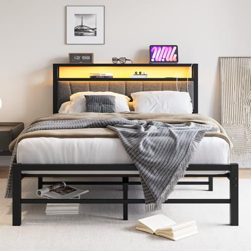 BORPHOM Double Bed Frame with Storage and LED Lights,4ft6 Metal Platform Bed Frame Double Size Bed Base with Charging Station,Mattress Base,Strong Slats Support,Under-bed Storage,Noise Free,Grey
