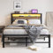 BORPHOM Double Bed Frame with Storage and LED Lights,4ft6 Metal Platform Bed Frame Double Size Bed Base with Charging Station,Mattress Base,Strong Slats Support,Under-bed Storage,Noise Free,Grey