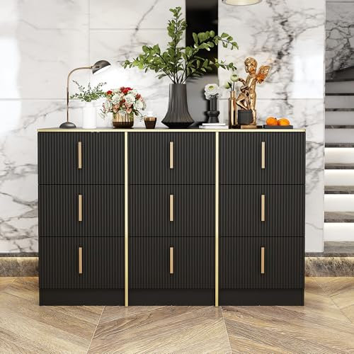 Kommode, 9-Schubladen-Schrank, schwarz-gold geriffeltes Sideboard, KommodeSchrank mit 9 Schubladen, Aufbewahrungsschrank mit goldenen Metallgriffen, Diele, Wohnzimmer, Schlafzimmer, 120 x 40 x 80 cm