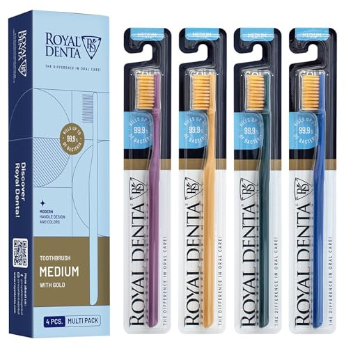 Royal Denta Zahnbürste Mittel 4er Pack, Handzahnbürste sanft zum Zahnfleisch, Doppelborsten für Zahnzwischenräume, mit Goldrpartikeln zur antibakteriellen Pflege, langlebig, Mehrfarbig
