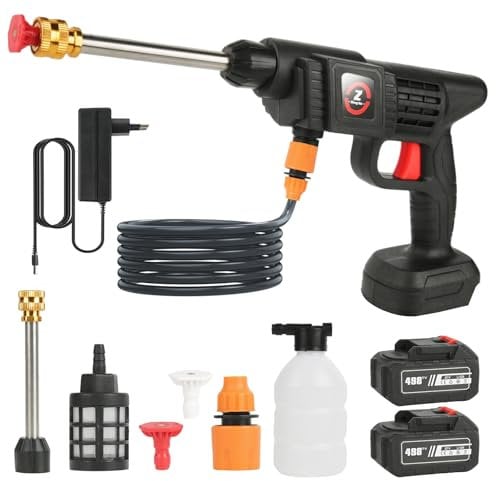 Hidrolimpiadora Bateria, 21V MAX 35Bar Hidrolimpiadora de Alta Presion, Press & Clean Pistola Lavado con Baterías, Jarra de Espuma, Manguera de 5m, de para Coche, Césped (con 2 Batería de 6000 mAh)