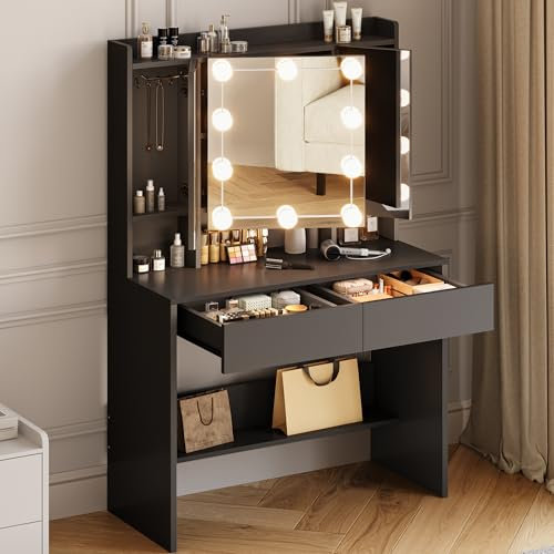 DWVO Toeletta da Trucco con Specchio,Tavolo da Trucco con 10 Luce LED con Luminosità Regolabile, 2 Cassetti 3 Ripiani e 7 Scomparti Aperti, Nero