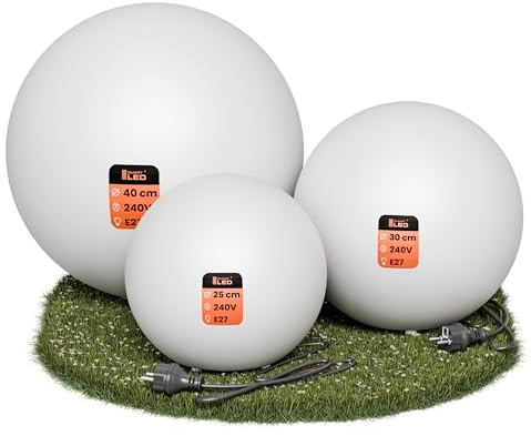 SMART LED Kugelleuchte für Garten IP65 - Set 25/30/40 cm Kugel Außenleuchte - E27 230V - Winterfest - Erdspieße, Austauschbare Lichtquelle, Weg- und Gartenbeleuchtung (Ø25/Ø30/Ø40)