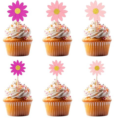 24Pcs Daisy Cake Decorations,Chrysanthemum Cupcake Toppers,Daisy Cupcake Toppers,Edible Flowers Cupcakes Topper,Spring Flower Cake Picks for Birthday Wedding Supplies Rose Red Pink
