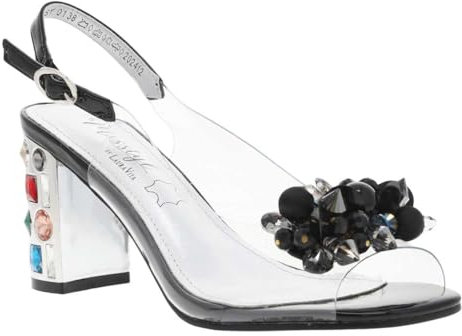 LAURA VITA - Nu-Pieds Noirs Vernis et Transparents à Talon décroché Haut avec Bijoux - Taille 35