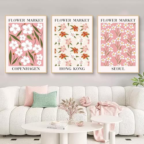 Uixxducc 3Pcs Poster Set, Flower Market Bilder Set, Vintage Abstrakt Blumen Kunstdrucke Wandbilder, Wanddeko für Wohnzimmer, Schlafzimmer, Esszimmer, Bilder Ohne Rahmen (40x50cm,DEF)