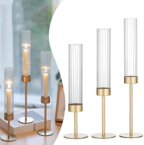 Bougeoir Cannelé, Bougeoirs Dorés en Verre Hurricane, Lot De 3 Bougeoirs Centraux, Bougeoirs Coniques Hauts en Métal for Mariage, Décoration D'intérieur Et D'extérieur