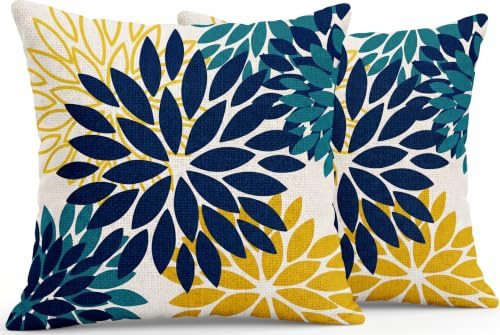 JANGYUHH Housse de Coussin 40x40 cm Moderne Dahlia Coussin Décoratives Recto-Verso Motif Fleurs Bleu Jaune Coussin de Canapé Coussin D'extérieur Lin pour Canapé Jardin Salon Lit Lot de 2