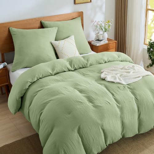 BEDELITE Musselin Bettwäsche 200x200 Baumwolle - ÖKO-TEX Bettwäsche-Sets Sommer Grün 3teilig mit Reißverschluss, Bettbezug Hellgrün 200x200cm mit 2 Kissenbezüge 80x80 cm, weiche und atmungsaktiv