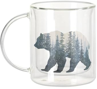Fabulous Mug Verre Double Paroi - Aquarelle Ours et Foret Illustration Peinture encre Nature - Tasse a Cafe et The Isotherme 330ml Effet Suspendu Anti-Brulure Imprime en France