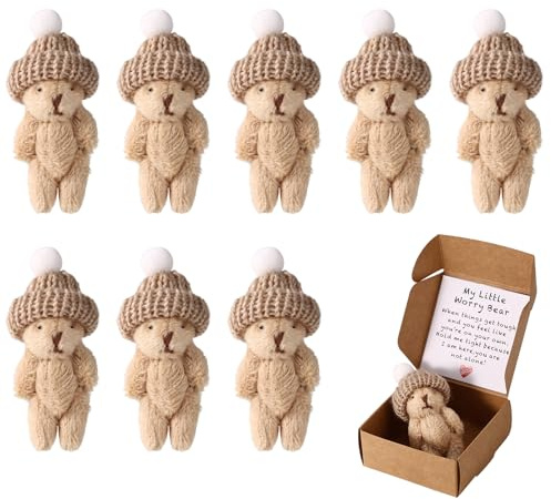 TOYMIS Kleiner Bär in Einer Schachtel mit Hut, Handgefertigter Positiver Mini Plüschbär mit Ermutigungskarte Inspirierendes Tierspielzeug als Geschenk für Familie Freunde und Kollegen (Weiß)