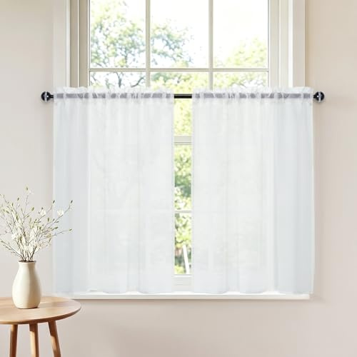 DWCN Scheibengardinen Modern Fenster Gardinen 2er Set B60xH60cm Weiß | Halbtransparent Küchenvorhang Kurz Bistrogardine Schrankvorhänge Landhausstil Stores Blickdicht Vorhang mit Stangedurchzug