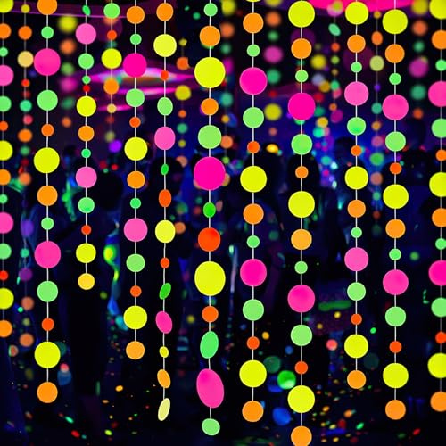 Hängenden Neon Party Deko,4m Schwarzlicht Party Runde Papier Girlande,Accessoires 80 90er Jahre Disco Deko,Faschingsparty Kinder Partydeko,für Geburtstag Brautduschen Rustikale Hochzeitsdekorationen
