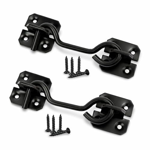 Navoys 2pk 4 Cabin Hook & Eye Latch | Heavy Duty Black Door Hook Catch for Garden Gates, Doors, Windows & Cabinets | Metal Windproof Cabin Hooks with Screws | Indoor & Outdoor Use