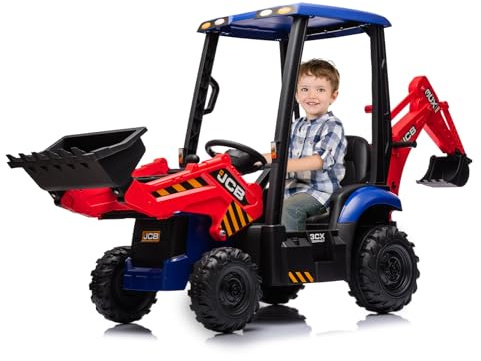 12V Electric Ride on Tractor for Kids with Remote Control 2.4G, 4-in-1 Excavator Digger Toy with Shovel & Bulldozer, Horn, Removable Roof, 2-4 Km/h, Battery Powered Car for Boys Girls Age 3+