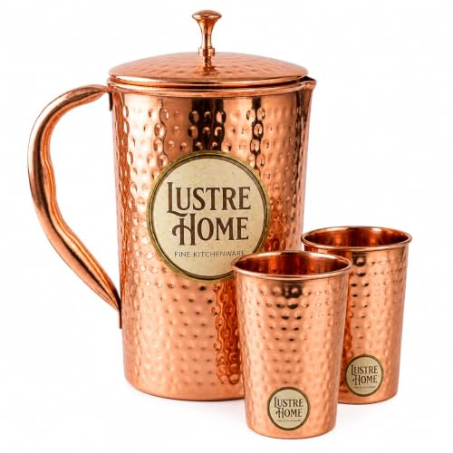 LUSTRE HOME Pure Copper Pitcher and Tumbler Set, Hammered Design Jug with 2 Tumblers, Ayurveda (Hammered Jug +2 Glass)