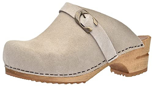 Sanita Hedi offener Clog, Wildleder | Original handgemacht | Leder-Holzclogs für Damen | Nachhaltige Sohle | Beige | 42 EU