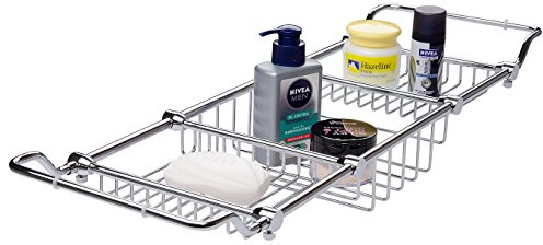 Magionline Brass Expandable Bathtub Caddy Over Tub Rack with Chrome Polished Finish for Elegant Bath Storage