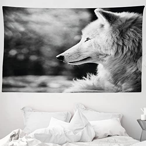 ABAKUHAUS Schwarz und weiß Wandteppich und Tagesdecke, Wolf-Porträt aus Weiches Mikrofaser Stoff Waschbar ohne Verblassen Digitaldruck, 230 x 140 cm, Hellgrau