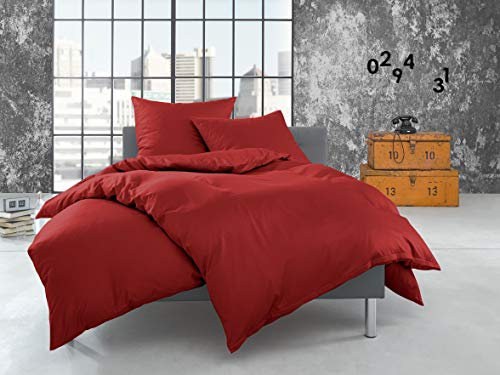 Bettwaesche-mit-Stil warme Fein Flanell Winter Bettwäsche rot Uni/einfarbig 240x220 + 2X 80x80 cm - 100% Baumwolle