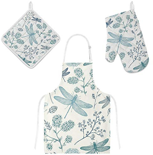 My Daily Kochschürze mit Taschen, Ofenhandschuh und Topflappen Set, Vintage Libelle Verstellbare Schürze, Mikrowellen-Handschuh, Topflappen 3-teilig, Küchengeschenk-Set