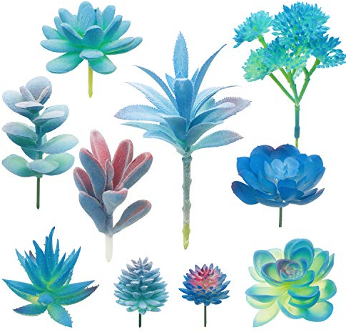 Woohome 10 Stück Künstliche Sukkulenten Blau Unfotted Faux Blume Sukkulenten Sukkulenten Künstlich Gemischt für Zuhause Indoor Fairy Garden Dekorationen
