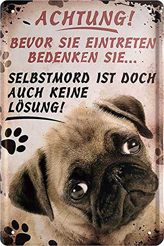 Blechschild Lustiger Spruch: “ACHTUNG! Bevor sie Eintreten“ Deko Hund Mops Humor Hundeschild Eingang Metallschild Schild Witziges Geschenk zum Geburtstag oder Weihnachten 20x30 cm