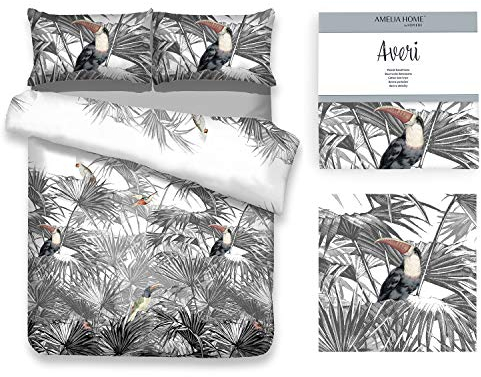 AmeliaHome 3tlg Bettwäsche 200x220 cm mit 2 Kissenbezügen 80x80 cm 100% Baumwolle Reißverschluss Blätter Palmen Tukan grau schwarz weiß Averi Toucan