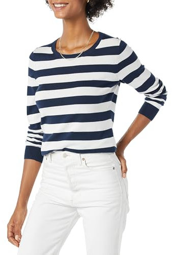Amazon Essentials Women's Long-Sleeve Lightweight Crewneck Jumper (Available in Plus Size), Navy White Rugby Stripe, XS