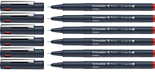 Schneider Pictus Fineliner (Strichstärke 0,1 mm, dokumentenechte Pigmentliner, metallgefasste Spitze, Gehäuse aus 85% recyceltem Kunststoff) 6er Pack, rot