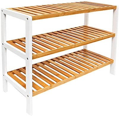 1ABOVE Bamboo Shoe Rack, Plant Rack, Perfect for Corridor, Living Room, Bathroom, Bedroom, Hallway or Small spaces- Natural & White (3 TIER)