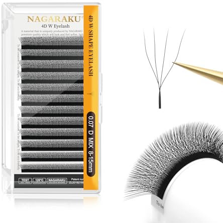 NAGARAKU 4D Lashes，W Shape Eyelash Extensions 0.07mm D Curl 8-15mm Mix Volume Lashes Hand Woven Long Stem Matte Black Premade Fans 4 Tips False Eyelash