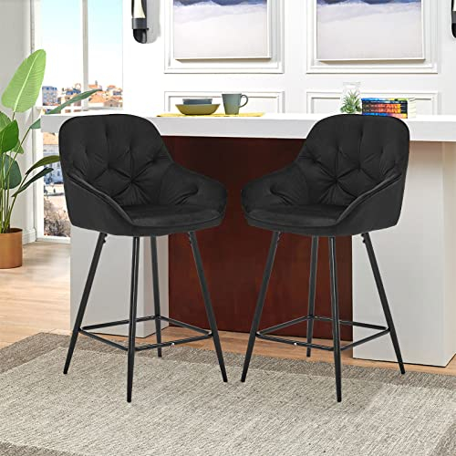 LEMROE Samt-Barhocker, 2er-Set, mit Rückenlehne und Armlehne, Küche, Barhocker, gepolstert für Frühstückstheke, Barhocker, weiche Heimmöbel (schwarz, Sitzhöhe: 64 cm)