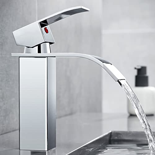 iVIGA Wasserhahn Bad, 175MM Waschtischarmatur wenig Lärm Einhandmischer Wasserfall Waschbeckenarmatur aus Edelstahl mit kalte und heiße Wasserschläuche, Chrom