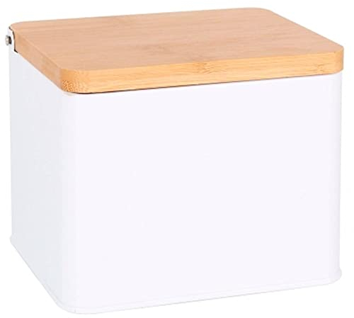 Tradineur Salière métallique avec couvercle rabattable en bambou pour sel, sucre, poivre, paprika, assaisonnements de cuisine conçu en Espagne Blanc 11,3 x 14 x 11 cm