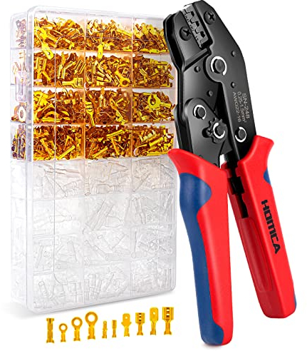 HOMCA Crimpzange Flachsteckhülsen Set inkl. 600 Stück Kabelschuhe, Crimpzangen für 0,25-1,5mm² Flachstecker, Krimpzangenset mit 2,8/4,8/6,3 mm Spade Flachstecker (Crimper 600)